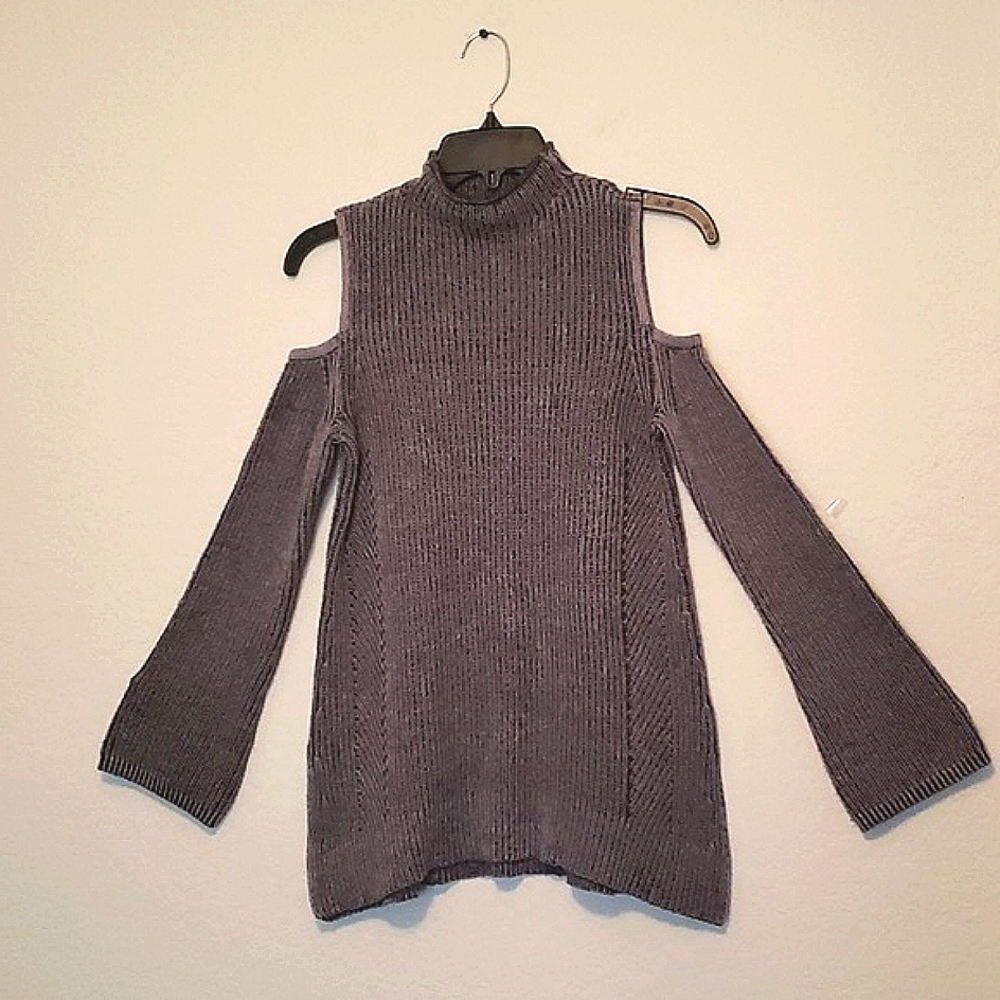 Style & Company Ribbed Cold Shoulder Mock Turtle neck Sweater Grey